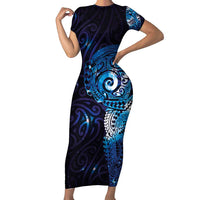 Matariki New Zealand Maori Koru Art Tattoo Short Sleeve Bodycon Dress New Year Galaxy Blue Sky Style LT03 Long Dress Blue - Polynesian Pride