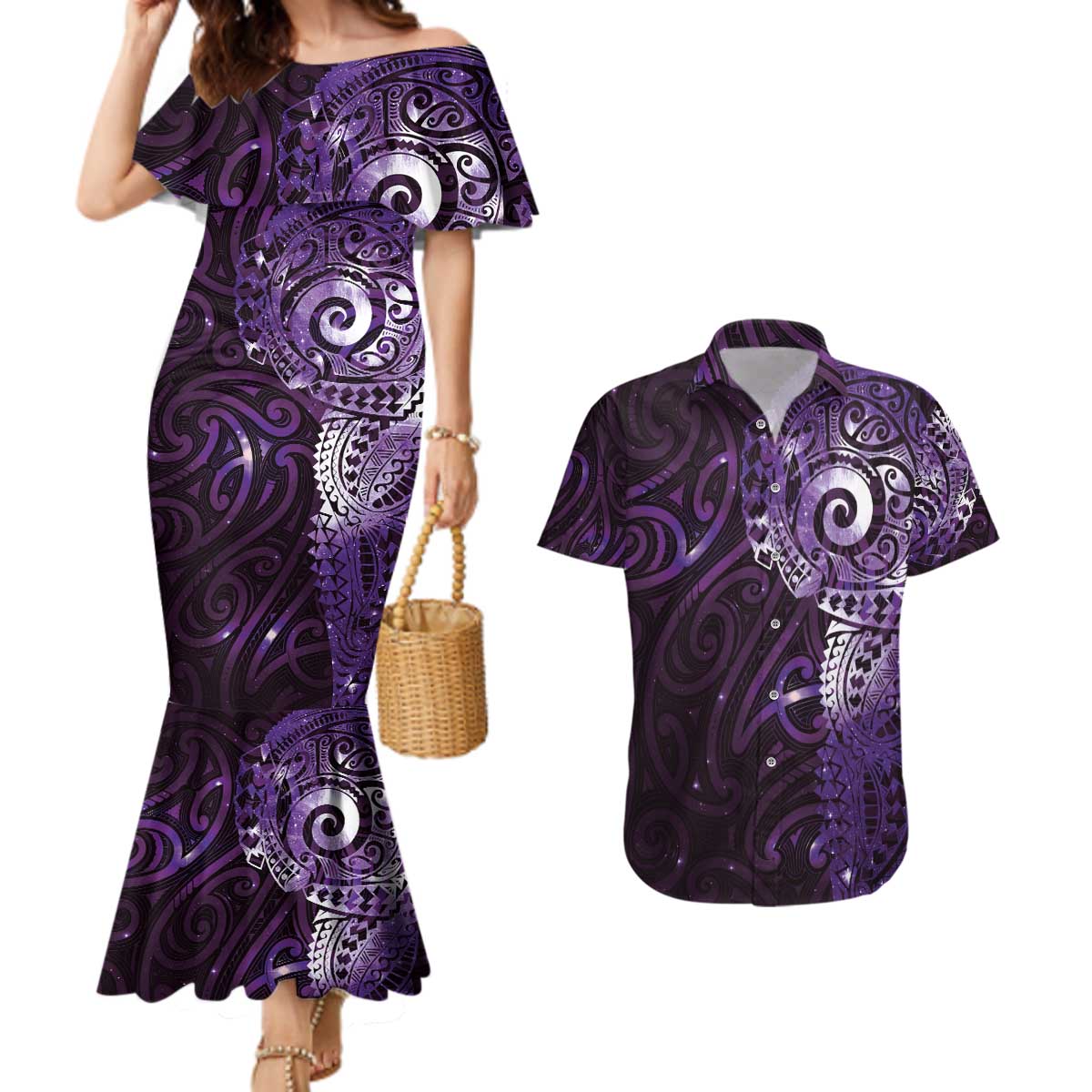 Matariki New Zealand Maori Koru Art Tattoo Couples Matching Mermaid Dress and Hawaiian Shirt New Year Galaxy Purple Sky Style LT03 Purple - Polynesian Pride