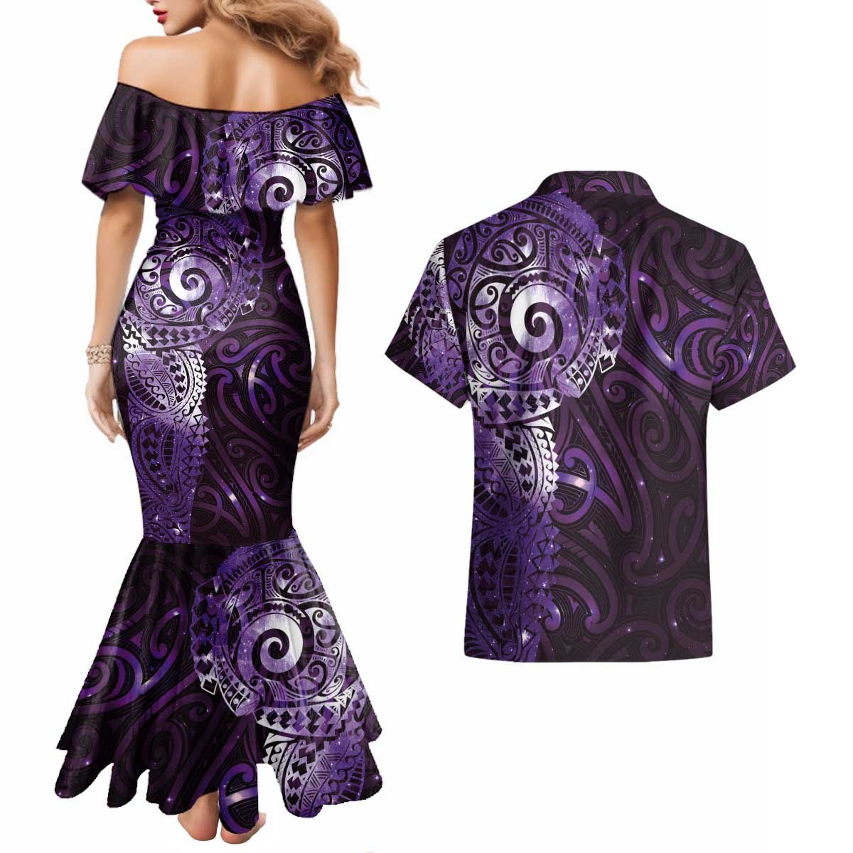 Matariki New Zealand Maori Koru Art Tattoo Couples Matching Mermaid Dress and Hawaiian Shirt New Year Galaxy Purple Sky Style LT03 - Polynesian Pride