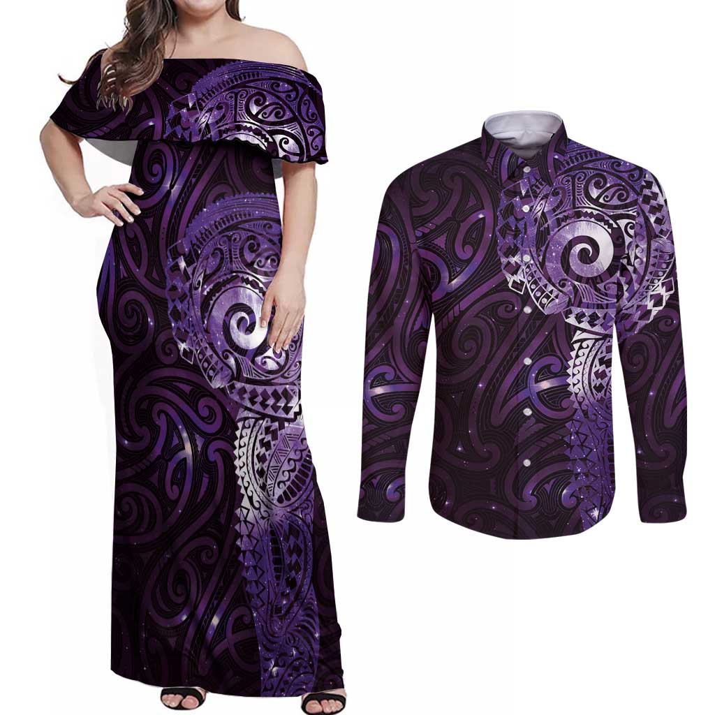 Matariki New Zealand Maori Koru Art Tattoo Couples Matching Off Shoulder Maxi Dress and Long Sleeve Button Shirt New Year Galaxy Purple Sky Style LT03 Purple - Polynesian Pride