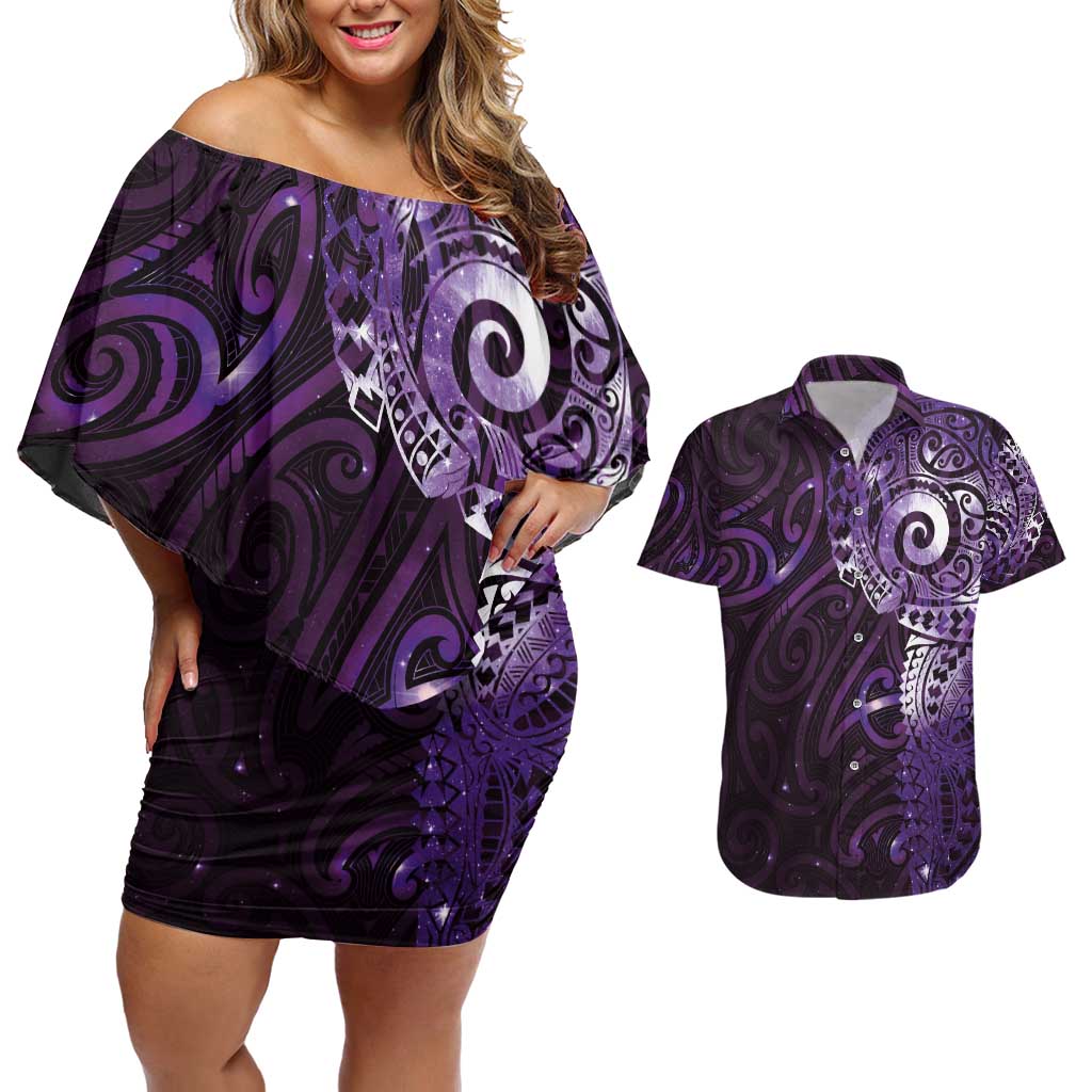 Matariki New Zealand Maori Koru Art Tattoo Couples Matching Off Shoulder Short Dress and Hawaiian Shirt New Year Galaxy Purple Sky Style LT03 Purple - Polynesian Pride