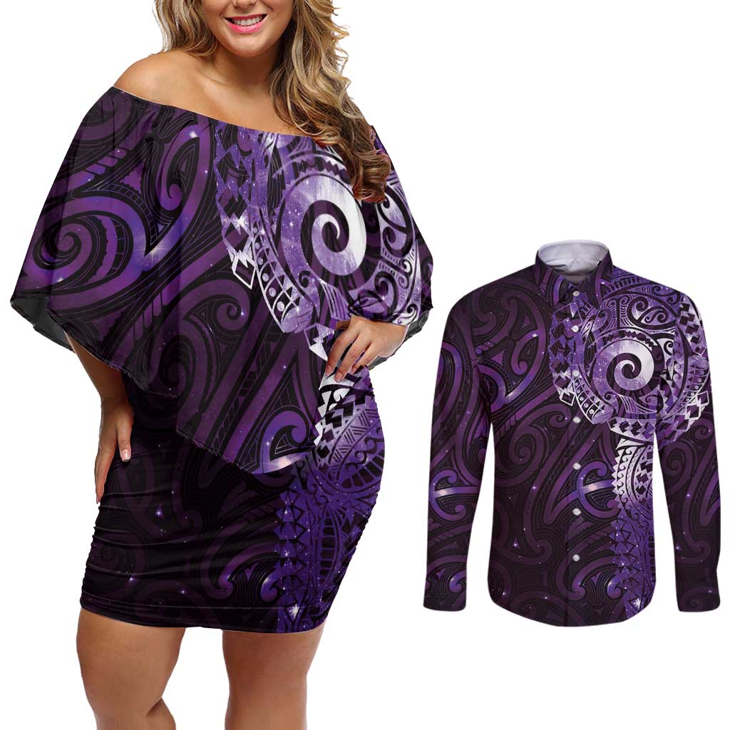 Matariki New Zealand Maori Koru Art Tattoo Couples Matching Off Shoulder Short Dress and Long Sleeve Button Shirt New Year Galaxy Purple Sky Style LT03 Purple - Polynesian Pride