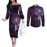 Matariki New Zealand Maori Koru Art Tattoo Couples Matching Off The Shoulder Long Sleeve Dress and Long Sleeve Button Shirt New Year Galaxy Purple Sky Style LT03 Purple - Polynesian Pride