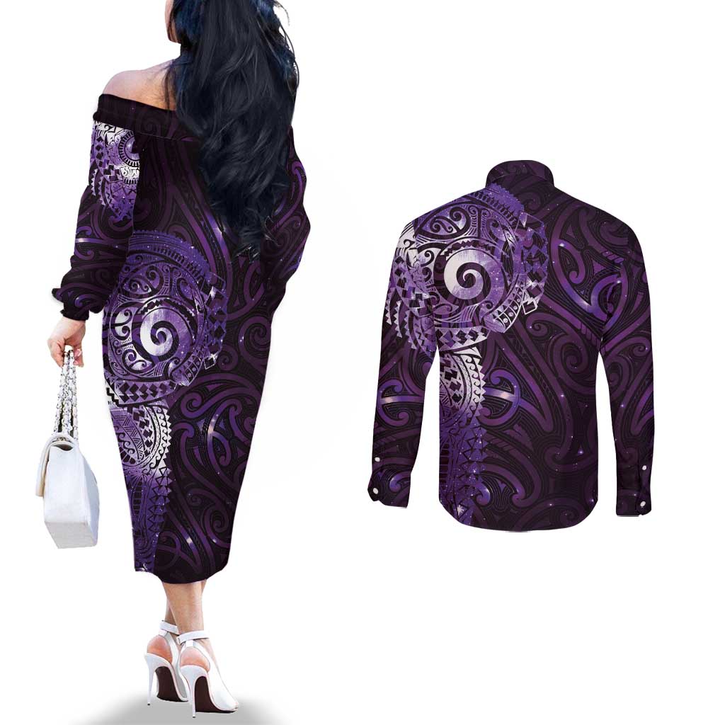 Matariki New Zealand Maori Koru Art Tattoo Couples Matching Off The Shoulder Long Sleeve Dress and Long Sleeve Button Shirt New Year Galaxy Purple Sky Style LT03 - Polynesian Pride