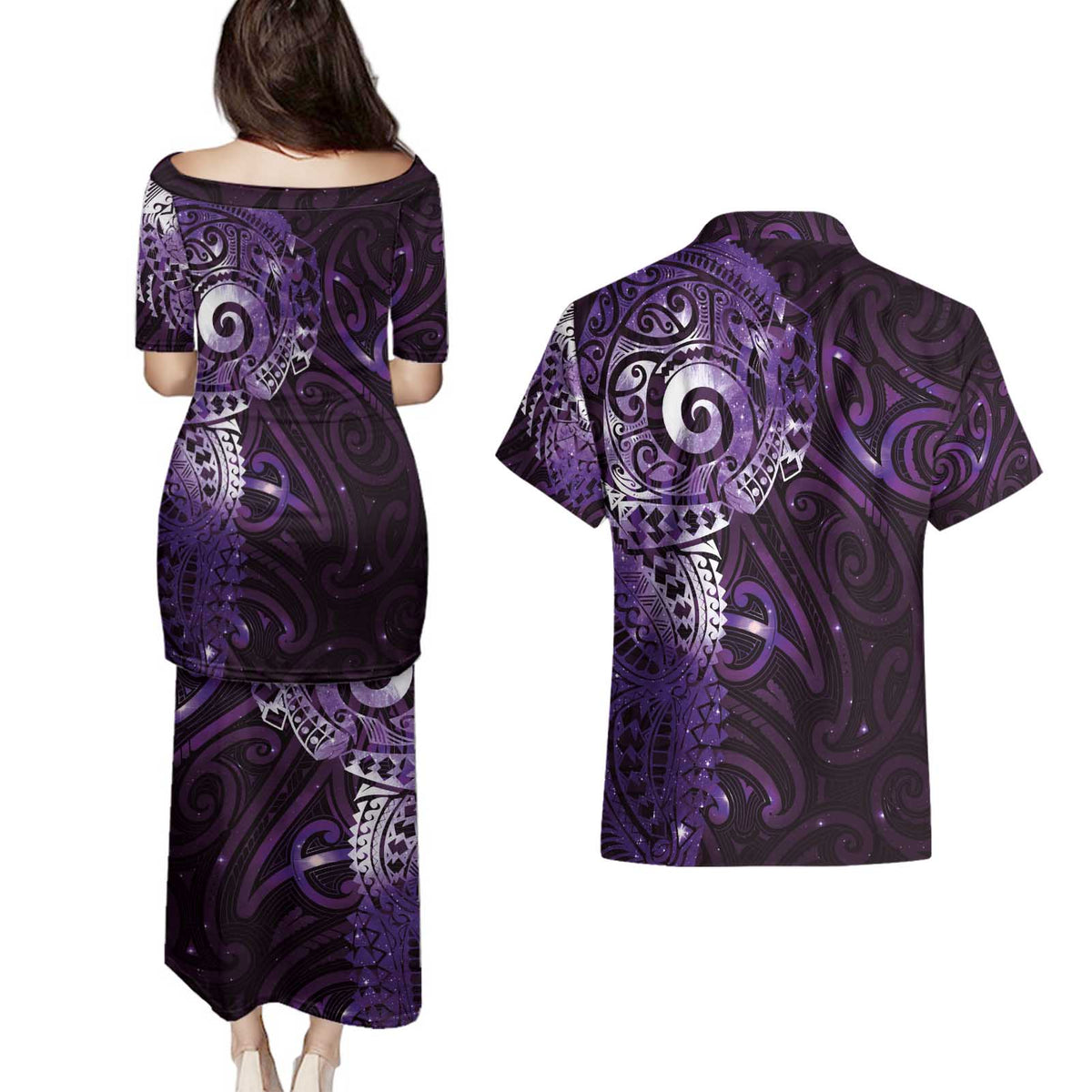 Matariki New Zealand Maori Koru Art Tattoo Couples Matching Puletasi and Hawaiian Shirt New Year Galaxy Purple Sky Style LT03 - Polynesian Pride