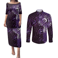 Matariki New Zealand Maori Koru Art Tattoo Couples Matching Puletasi and Long Sleeve Button Shirt New Year Galaxy Purple Sky Style LT03 Purple - Polynesian Pride