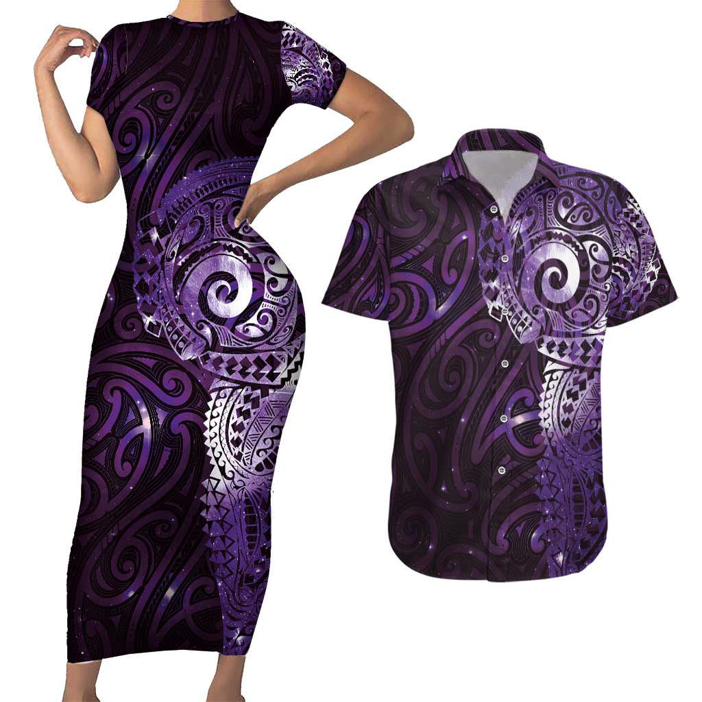 Matariki New Zealand Maori Koru Art Tattoo Couples Matching Short Sleeve Bodycon Dress and Hawaiian Shirt New Year Galaxy Purple Sky Style LT03 Purple - Polynesian Pride