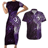 Matariki New Zealand Maori Koru Art Tattoo Couples Matching Short Sleeve Bodycon Dress and Hawaiian Shirt New Year Galaxy Purple Sky Style LT03 Purple - Polynesian Pride