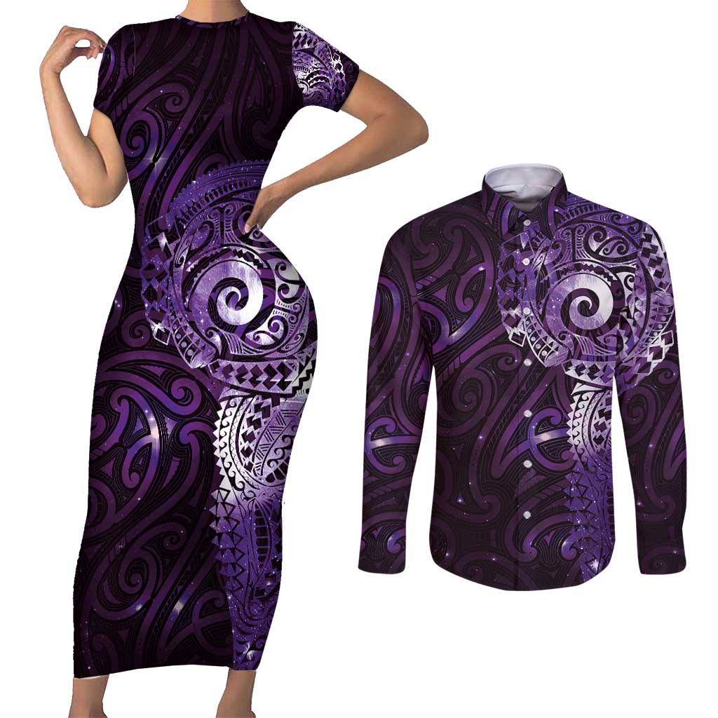 Matariki New Zealand Maori Koru Art Tattoo Couples Matching Short Sleeve Bodycon Dress and Long Sleeve Button Shirt New Year Galaxy Purple Sky Style LT03 Purple - Polynesian Pride