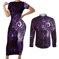 Matariki New Zealand Maori Koru Art Tattoo Couples Matching Short Sleeve Bodycon Dress and Long Sleeve Button Shirt New Year Galaxy Purple Sky Style LT03 Purple - Polynesian Pride