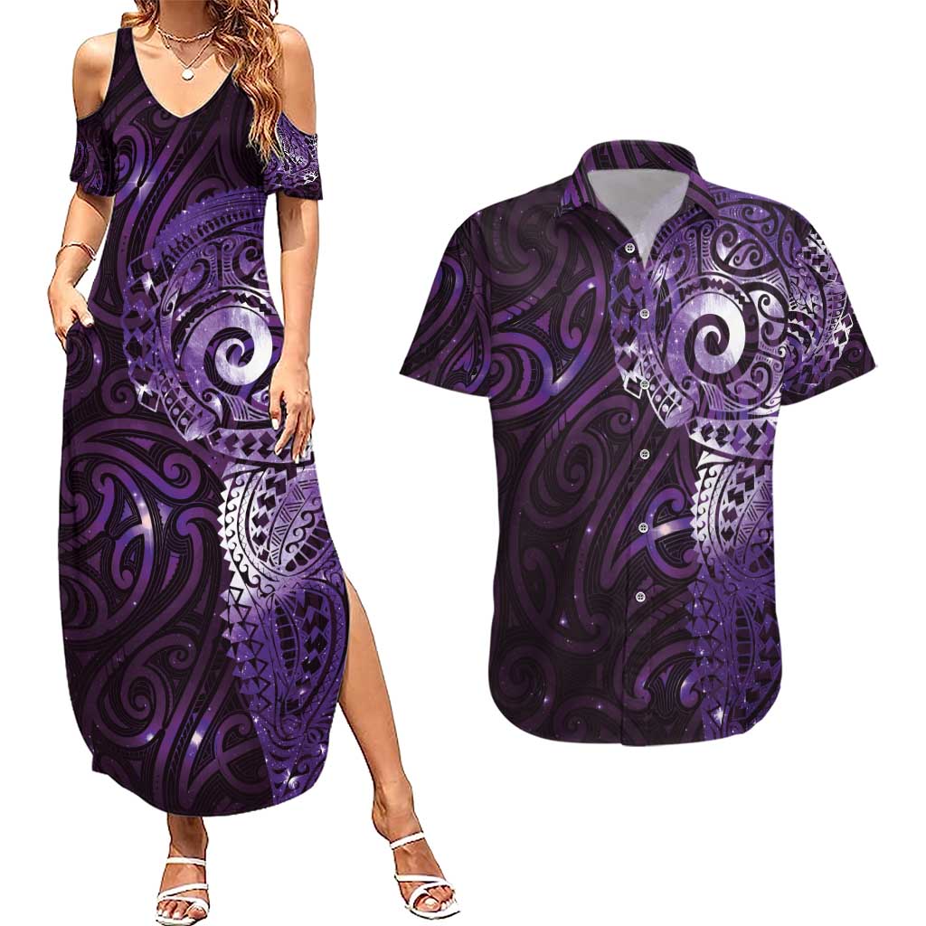 Matariki New Zealand Maori Koru Art Tattoo Couples Matching Summer Maxi Dress and Hawaiian Shirt New Year Galaxy Purple Sky Style LT03 Purple - Polynesian Pride