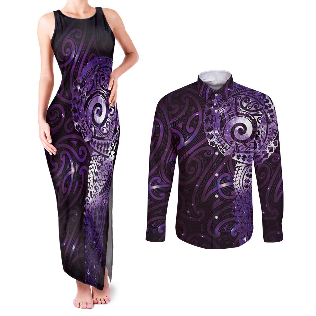 Matariki New Zealand Maori Koru Art Tattoo Couples Matching Tank Maxi Dress and Long Sleeve Button Shirt New Year Galaxy Purple Sky Style LT03 Purple - Polynesian Pride