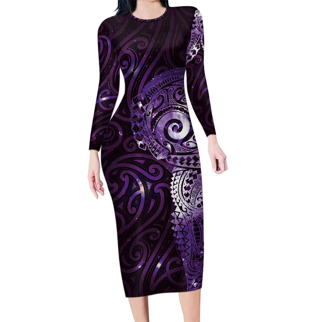 Matariki New Zealand Maori Koru Art Tattoo Family Matching Long Sleeve Bodycon Dress and Hawaiian Shirt New Year Galaxy Purple Sky Style LT03 Mom's Dress Purple - Polynesian Pride