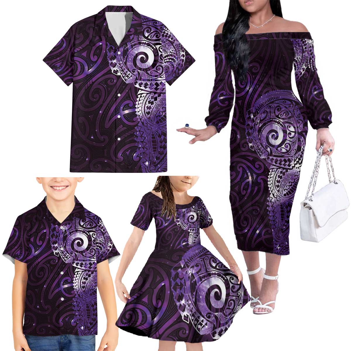 Matariki New Zealand Maori Koru Art Tattoo Family Matching Off The Shoulder Long Sleeve Dress and Hawaiian Shirt New Year Galaxy Purple Sky Style LT03 - Polynesian Pride