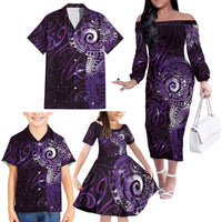 Matariki New Zealand Maori Koru Art Tattoo Family Matching Off The Shoulder Long Sleeve Dress and Hawaiian Shirt New Year Galaxy Purple Sky Style LT03 - Polynesian Pride