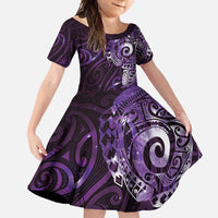 Matariki New Zealand Maori Koru Art Tattoo Family Matching Short Sleeve Bodycon Dress and Hawaiian Shirt New Year Galaxy Purple Sky Style LT03 Daughter's Dress Purple - Polynesian Pride