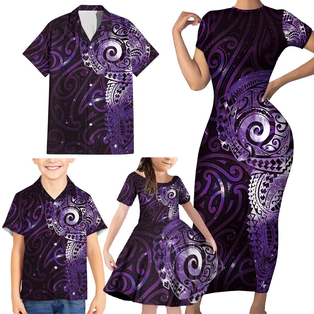 Matariki New Zealand Maori Koru Art Tattoo Family Matching Short Sleeve Bodycon Dress and Hawaiian Shirt New Year Galaxy Purple Sky Style LT03 - Polynesian Pride
