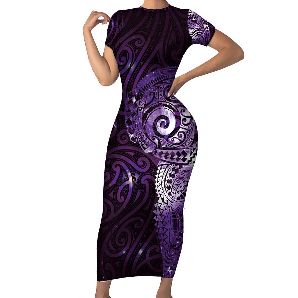 Matariki New Zealand Maori Koru Art Tattoo Family Matching Short Sleeve Bodycon Dress and Hawaiian Shirt New Year Galaxy Purple Sky Style LT03 Mom's Dress Purple - Polynesian Pride