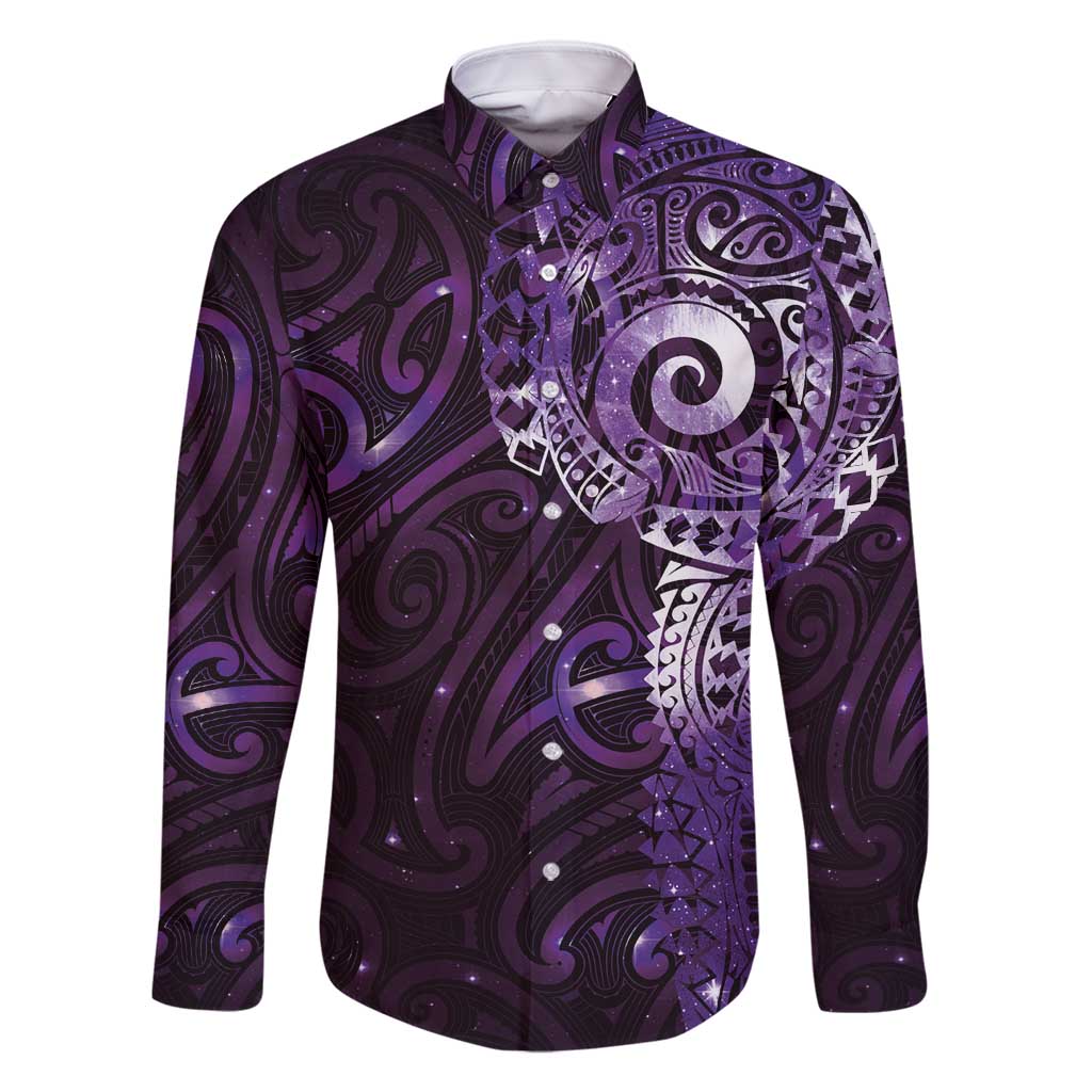 Matariki New Zealand Maori Koru Art Tattoo Family Matching Summer Maxi Dress and Hawaiian Shirt New Year Galaxy Purple Sky Style LT03 Dad's Shirt - Long Sleeve Purple - Polynesian Pride