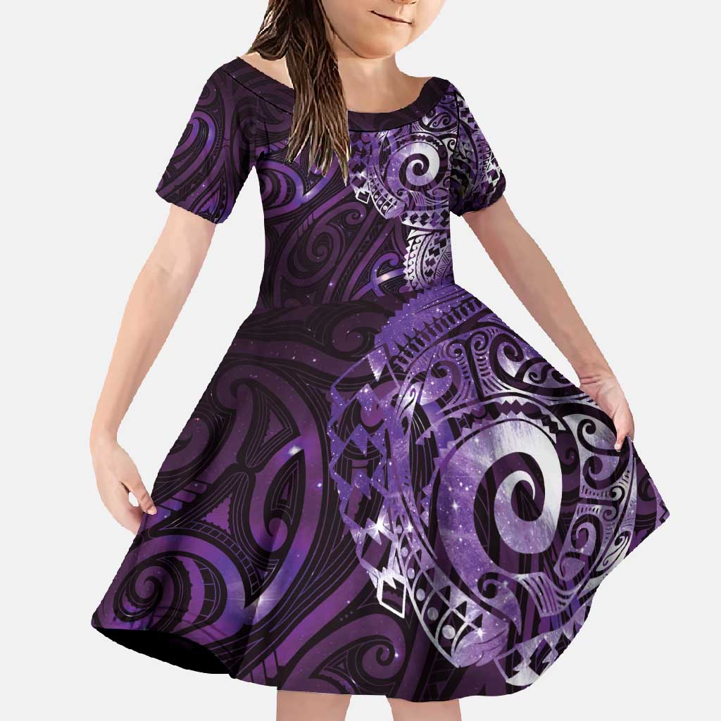 Matariki New Zealand Maori Koru Art Tattoo Family Matching Tank Maxi Dress and Hawaiian Shirt New Year Galaxy Purple Sky Style LT03 Daughter's Dress Purple - Polynesian Pride