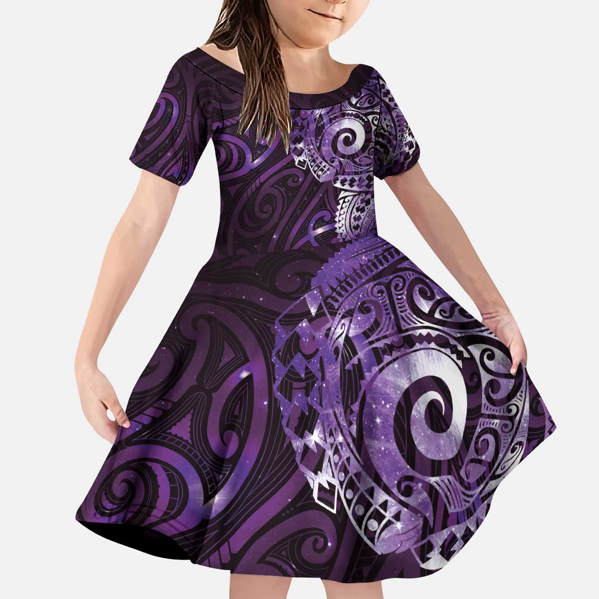 Matariki New Zealand Maori Koru Art Tattoo Kid Short Sleeve Dress New Year Galaxy Purple Sky Style