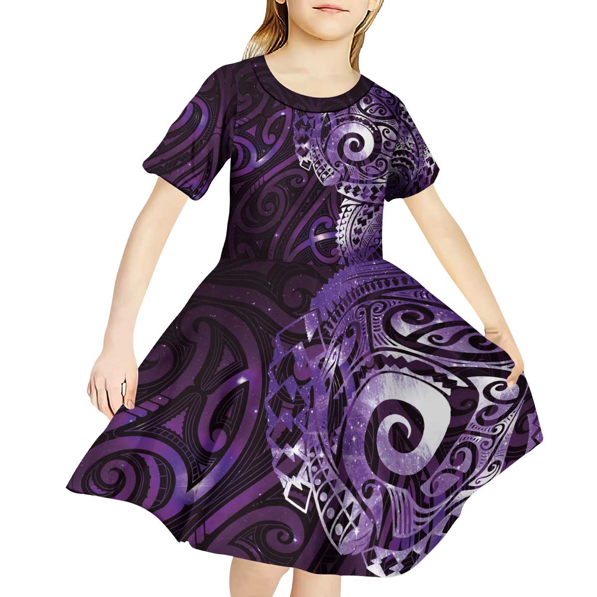Matariki New Zealand Maori Koru Art Tattoo Kid Short Sleeve Dress New Year Galaxy Purple Sky Style LT03 - Polynesian Pride