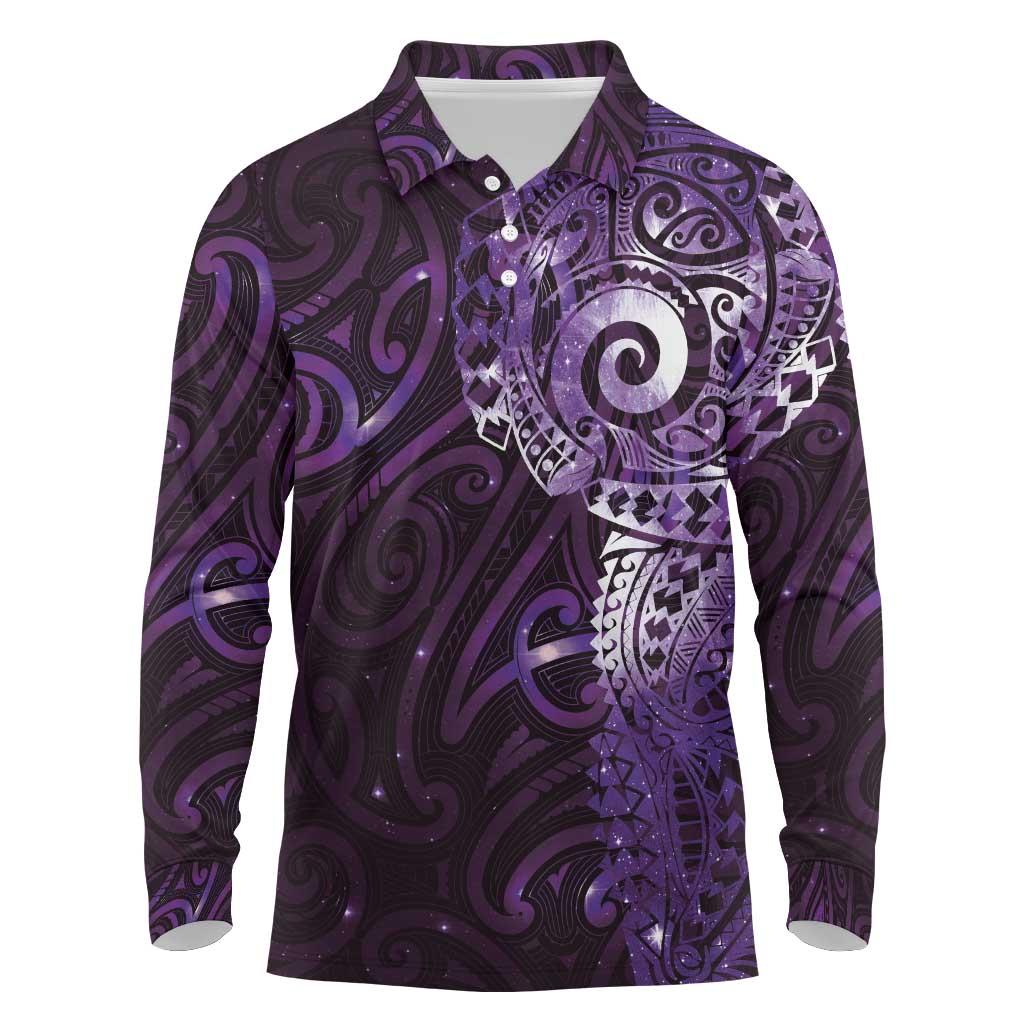 Matariki New Zealand Maori Koru Art Tattoo Long Sleeve Polo Shirt New Year Galaxy Purple Sky Style LT03 Purple - Polynesian Pride