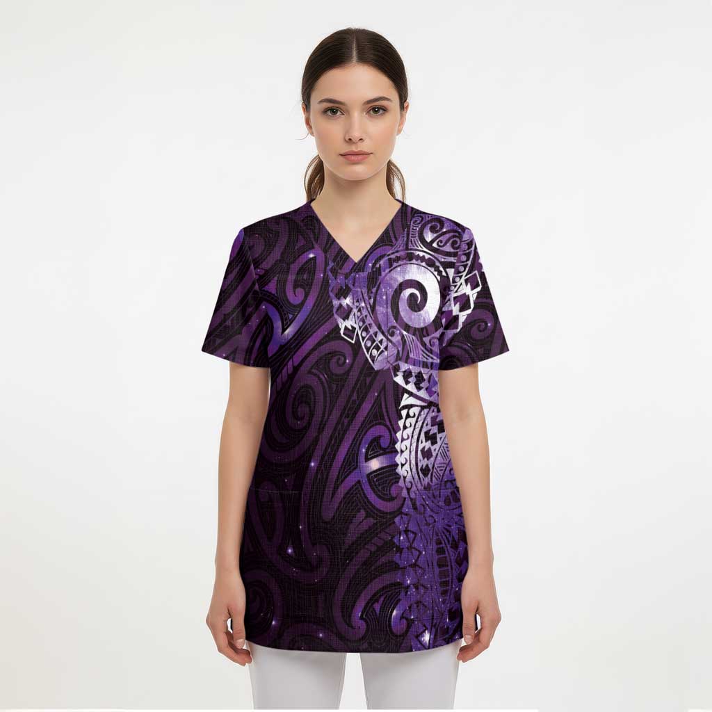 Matariki New Zealand Maori Koru Art Tattoo Scrub Top New Year Galaxy Purple Sky Style - Polynesian Pride