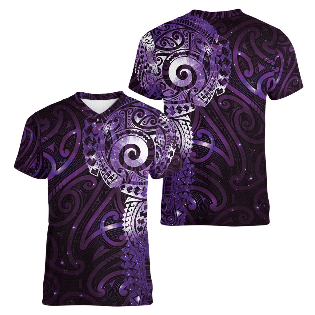 Matariki New Zealand Maori Koru Art Tattoo Women V-Neck T-Shirt New Year Galaxy Purple Sky Style LT03 - Polynesian Pride