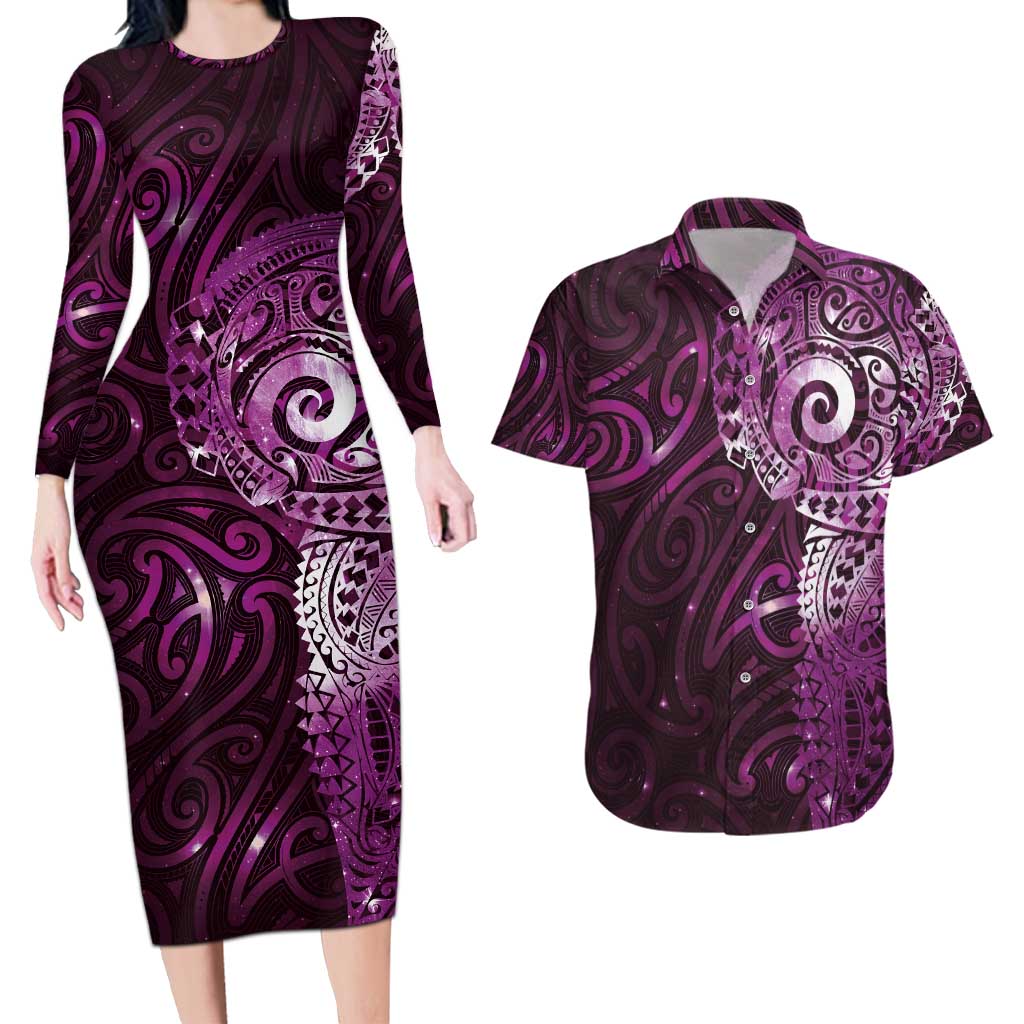 Matariki New Zealand Maori Koru Art Tattoo Couples Matching Long Sleeve Bodycon Dress and Hawaiian Shirt New Year Galaxy Pink Sky Style LT03 Pink - Polynesian Pride