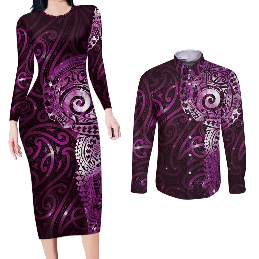 Matariki New Zealand Maori Koru Art Tattoo Couples Matching Long Sleeve Bodycon Dress and Long Sleeve Button Shirt New Year Galaxy Pink Sky Style LT03 Pink - Polynesian Pride