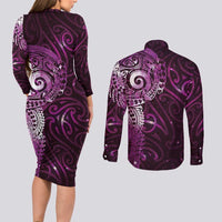 Matariki New Zealand Maori Koru Art Tattoo Couples Matching Long Sleeve Bodycon Dress and Long Sleeve Button Shirt New Year Galaxy Pink Sky Style LT03 - Polynesian Pride