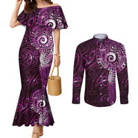 Matariki New Zealand Maori Koru Art Tattoo Couples Matching Mermaid Dress and Long Sleeve Button Shirt New Year Galaxy Pink Sky Style LT03 Pink - Polynesian Pride