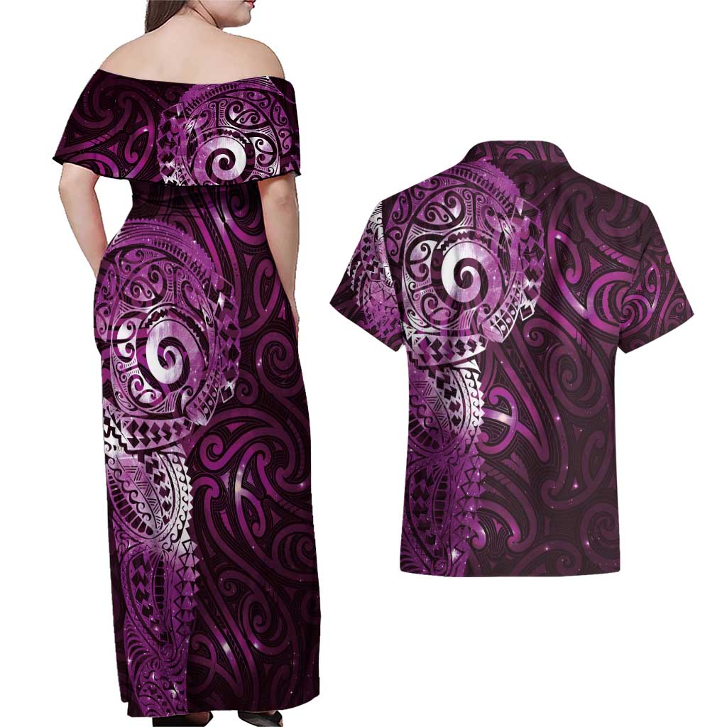 Matariki New Zealand Maori Koru Art Tattoo Couples Matching Off Shoulder Maxi Dress and Hawaiian Shirt New Year Galaxy Pink Sky Style LT03 - Polynesian Pride