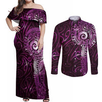 Matariki New Zealand Maori Koru Art Tattoo Couples Matching Off Shoulder Maxi Dress and Long Sleeve Button Shirt New Year Galaxy Pink Sky Style LT03 Pink - Polynesian Pride