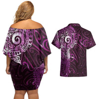 Matariki New Zealand Maori Koru Art Tattoo Couples Matching Off Shoulder Short Dress and Hawaiian Shirt New Year Galaxy Pink Sky Style LT03 - Polynesian Pride