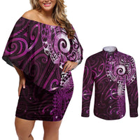 Matariki New Zealand Maori Koru Art Tattoo Couples Matching Off Shoulder Short Dress and Long Sleeve Button Shirt New Year Galaxy Pink Sky Style LT03 Pink - Polynesian Pride