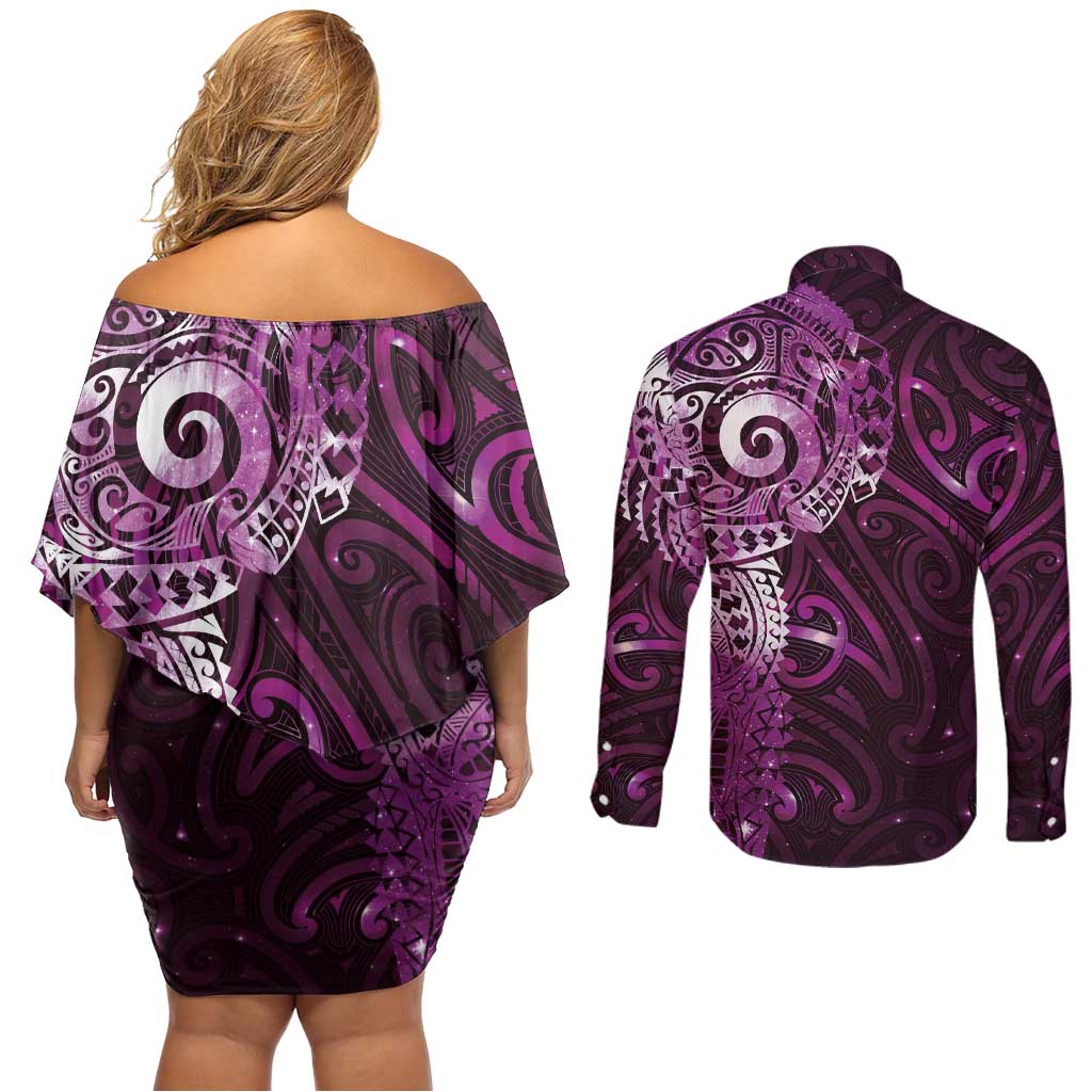 Matariki New Zealand Maori Koru Art Tattoo Couples Matching Off Shoulder Short Dress and Long Sleeve Button Shirt New Year Galaxy Pink Sky Style LT03 - Polynesian Pride