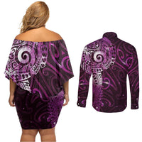 Matariki New Zealand Maori Koru Art Tattoo Couples Matching Off Shoulder Short Dress and Long Sleeve Button Shirt New Year Galaxy Pink Sky Style LT03 - Polynesian Pride