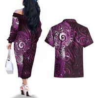 Matariki New Zealand Maori Koru Art Tattoo Couples Matching Off The Shoulder Long Sleeve Dress and Hawaiian Shirt New Year Galaxy Pink Sky Style LT03 - Polynesian Pride