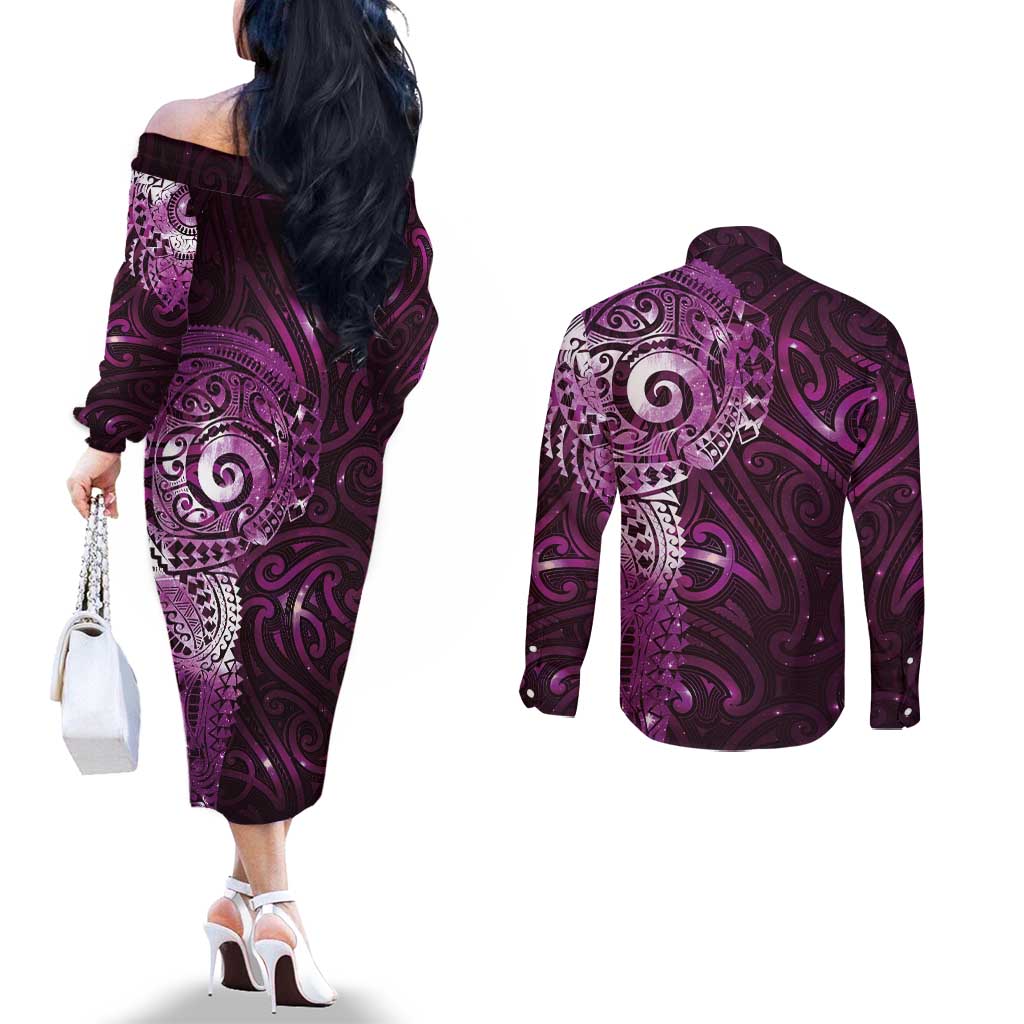 Matariki New Zealand Maori Koru Art Tattoo Couples Matching Off The Shoulder Long Sleeve Dress and Long Sleeve Button Shirt New Year Galaxy Pink Sky Style LT03 - Polynesian Pride