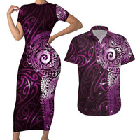 Matariki New Zealand Maori Koru Art Tattoo Couples Matching Short Sleeve Bodycon Dress and Hawaiian Shirt New Year Galaxy Pink Sky Style LT03 Pink - Polynesian Pride