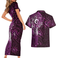 Matariki New Zealand Maori Koru Art Tattoo Couples Matching Short Sleeve Bodycon Dress and Hawaiian Shirt New Year Galaxy Pink Sky Style LT03 - Polynesian Pride