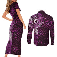 Matariki New Zealand Maori Koru Art Tattoo Couples Matching Short Sleeve Bodycon Dress and Long Sleeve Button Shirt New Year Galaxy Pink Sky Style LT03 - Polynesian Pride