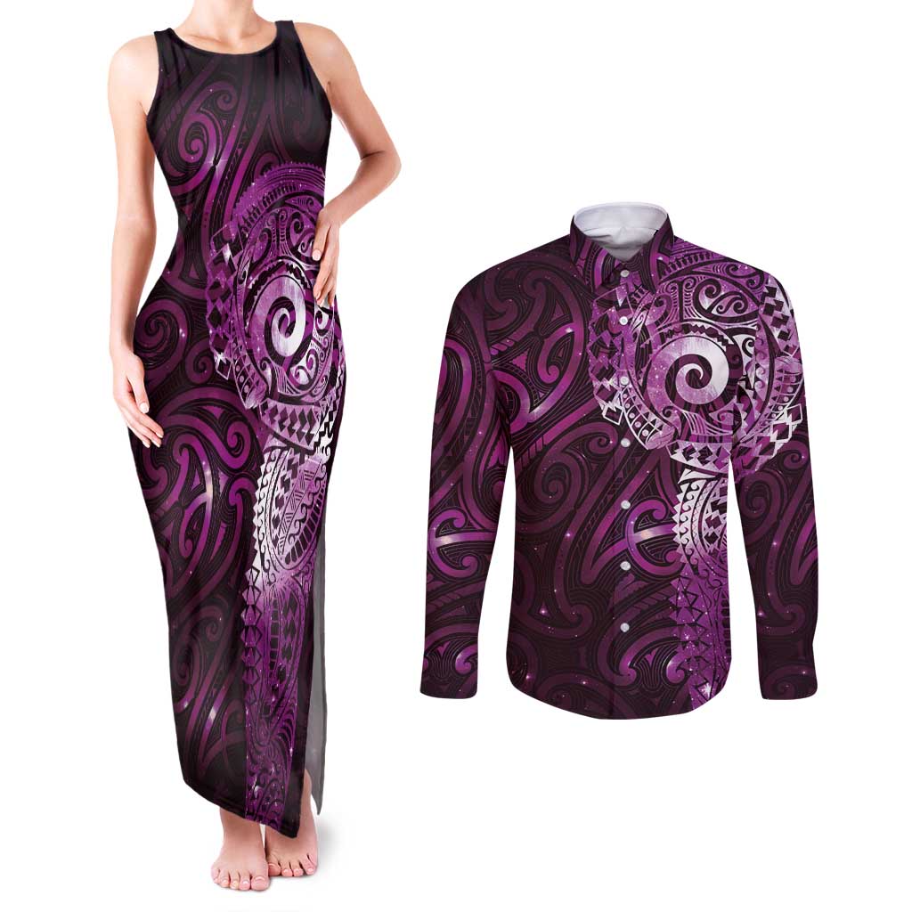 Matariki New Zealand Maori Koru Art Tattoo Couples Matching Tank Maxi Dress and Long Sleeve Button Shirt New Year Galaxy Pink Sky Style LT03 Pink - Polynesian Pride