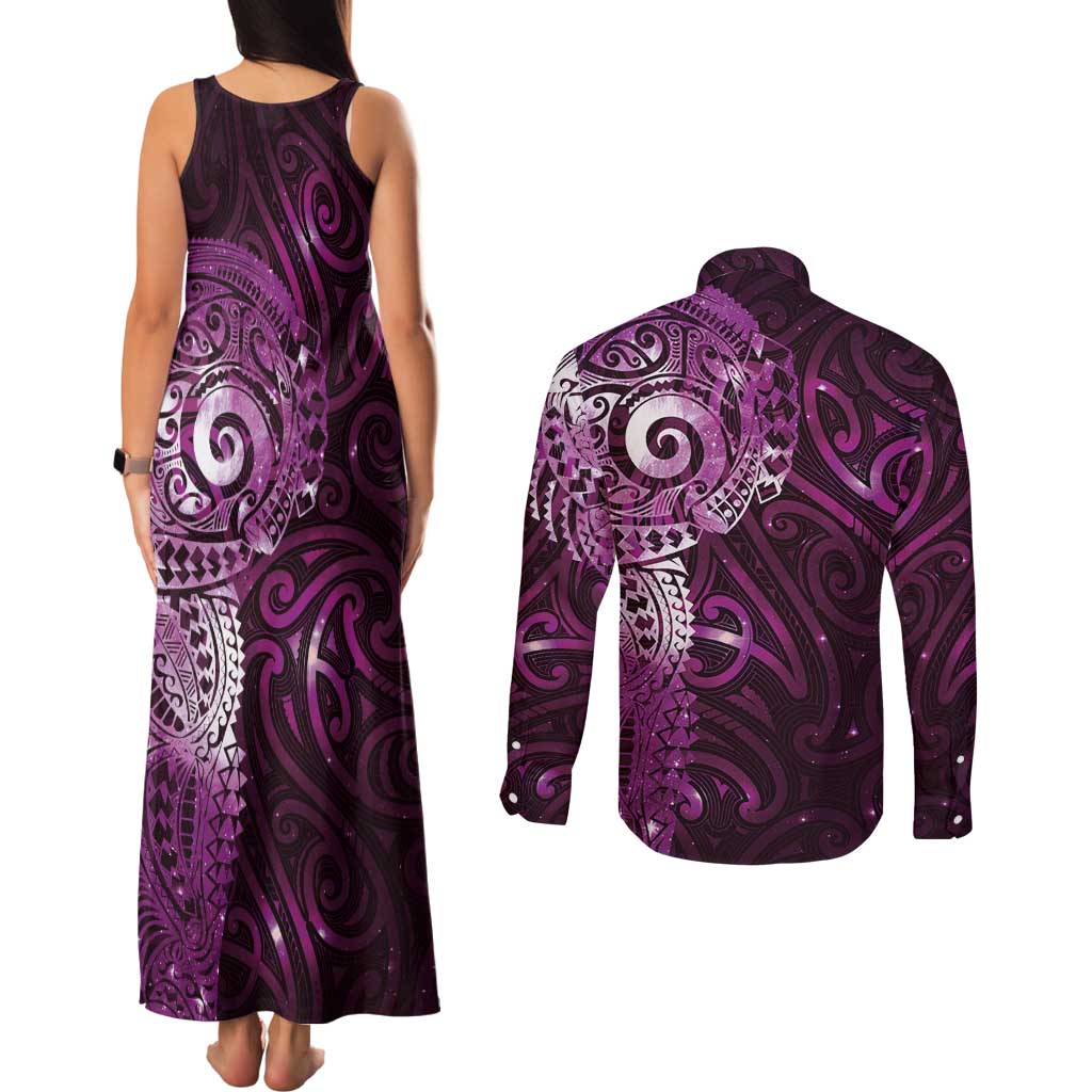 Matariki New Zealand Maori Koru Art Tattoo Couples Matching Tank Maxi Dress and Long Sleeve Button Shirt New Year Galaxy Pink Sky Style LT03 - Polynesian Pride