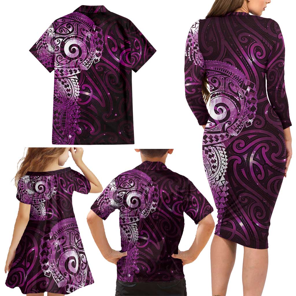 Matariki New Zealand Maori Koru Art Tattoo Family Matching Long Sleeve Bodycon Dress and Hawaiian Shirt New Year Galaxy Pink Sky Style LT03 - Polynesian Pride