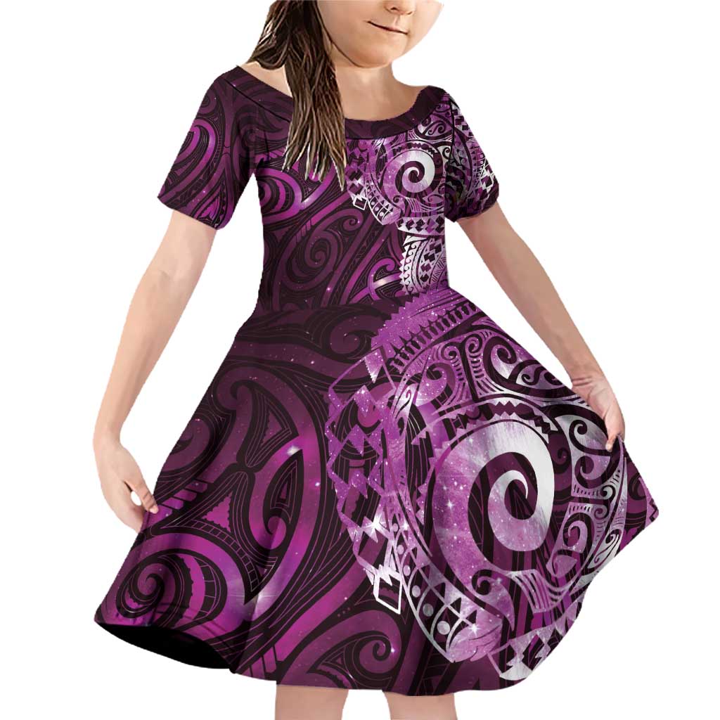 Matariki New Zealand Maori Koru Art Tattoo Family Matching Off Shoulder Short Dress and Hawaiian Shirt New Year Galaxy Pink Sky Style LT03 Daughter's Dress Pink - Polynesian Pride
