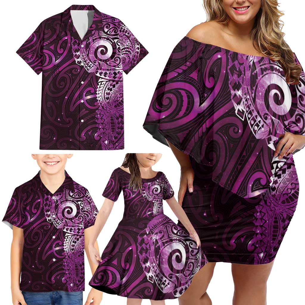 Matariki New Zealand Maori Koru Art Tattoo Family Matching Off Shoulder Short Dress and Hawaiian Shirt New Year Galaxy Pink Sky Style LT03 - Polynesian Pride
