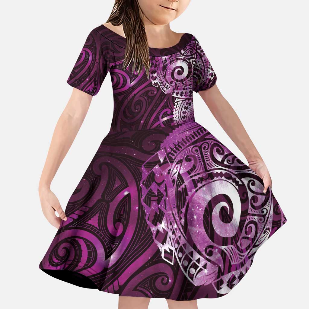 Matariki New Zealand Maori Koru Art Tattoo Family Matching Puletasi and Hawaiian Shirt New Year Galaxy Pink Sky Style LT03 Daughter's Dress Pink - Polynesian Pride